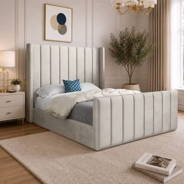 Casani Sherington Upholstered Velvet Designer Bed Frame in Beige, Size: Double (140 x 200 cm)
