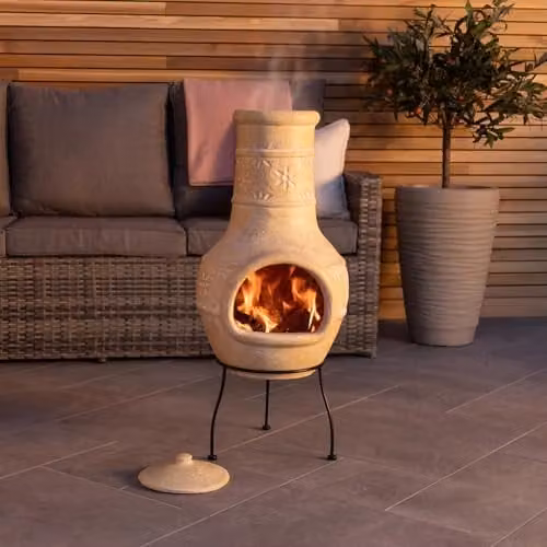 Charles Bentley Natural Clay Chiminea and BBQ Grill with Flower Design, Stand and Rain Lid, Beige, H 85 cm x W 42 cm