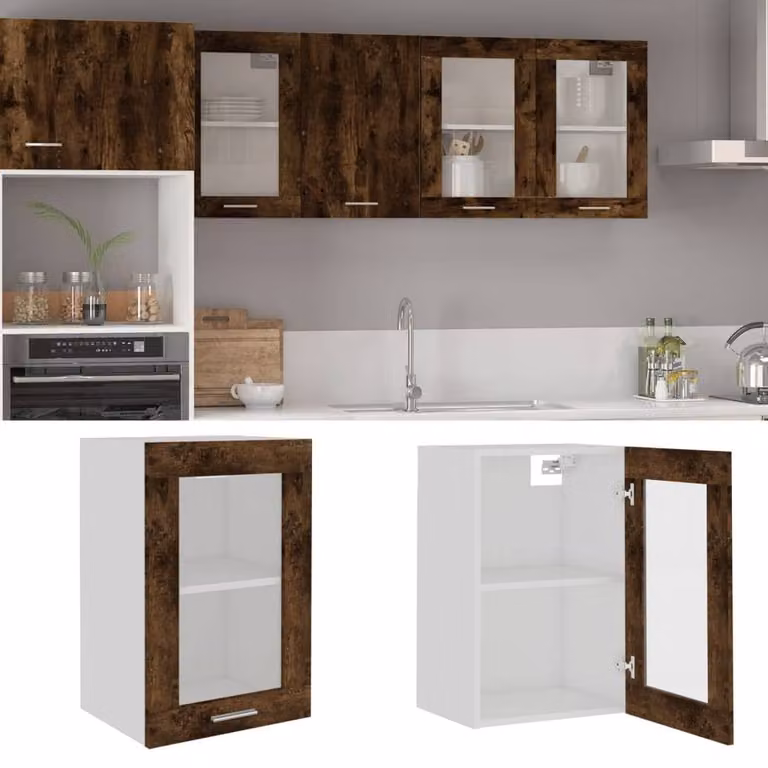Berkfield Home Hanging Glass Cabinet in Smoked Oak Brown, W/D/H: 40 x 31 x 60 cm