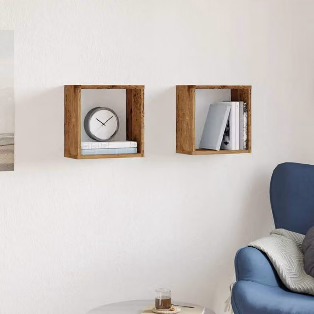 Berkfield Home Wall Mounted Cube Shelves, 2 Pack, Old Wood Brown, W/D/H: 30 x 15 x 30 cm
