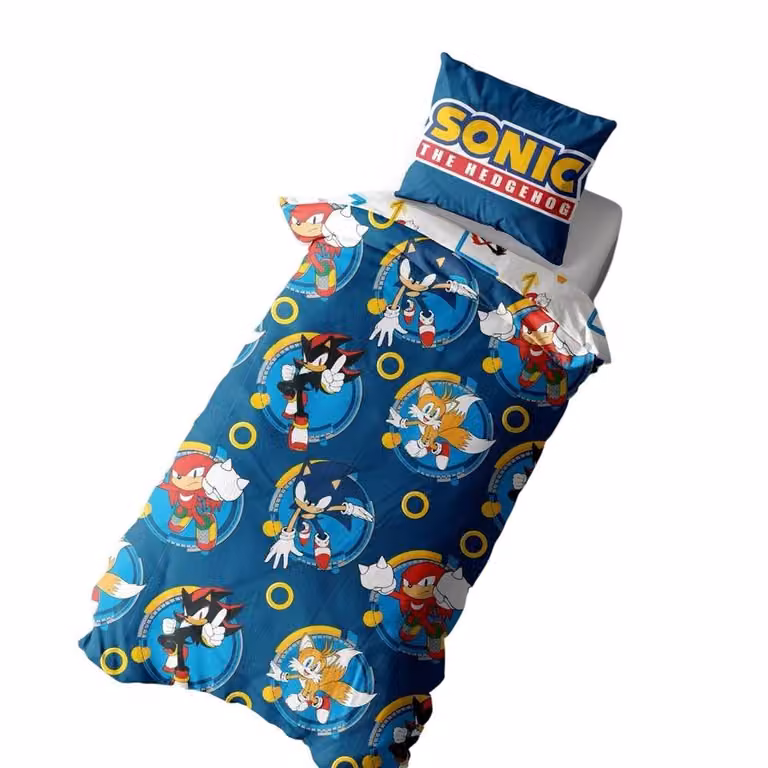 Sonic the Hedgehog Rings Reversible Microfibre Duvet Set and Pillowcase in Blue, W: 90 cm, L: 200 cm