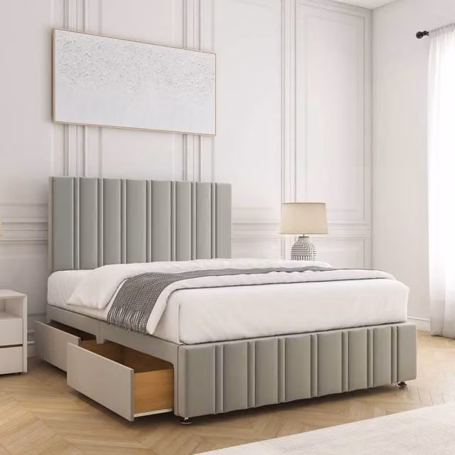 BSSPOKE Isabella Super King Plush Velvet Divan Bed Set with 24 inch Headboard, 4 Drawers and Mattress in Silver