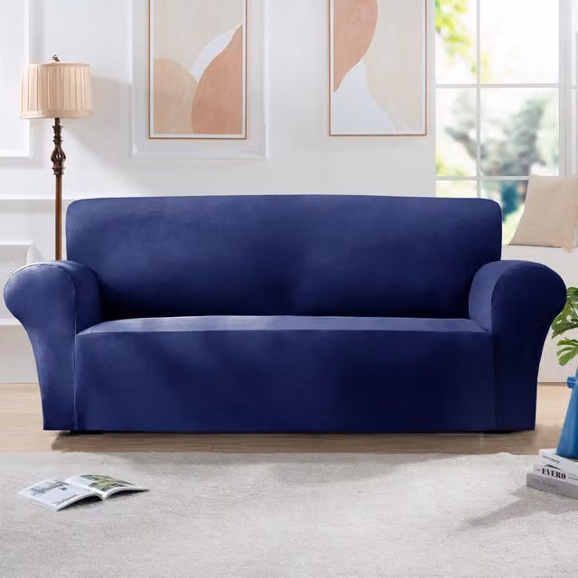 Home Republic Navy Blue Mink Velvet Stretch Sofa Cover for 2 Seater Sofas