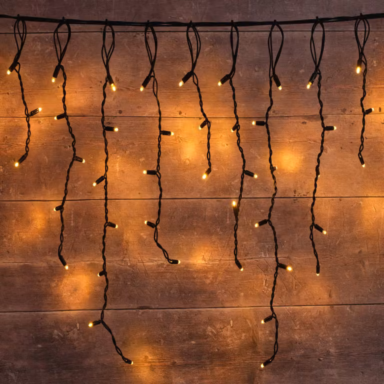 Lights4fun Plus Connect 28m LED Icicle Lights, 1400 Warm White Lights with Black Cable