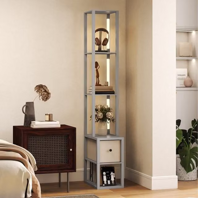 HOMCOM Modern Grey LED Floor Lamp with Shelves and Fabric Drawer