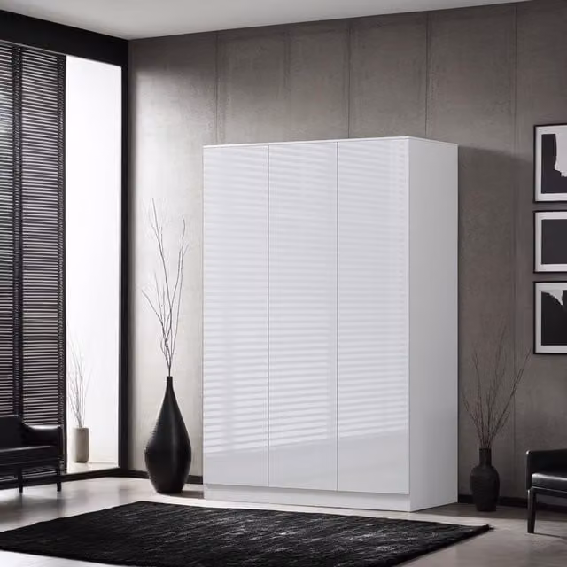 FWstyle White Gloss 3 Door Wardrobe with Soft Close Doors, Hanging Rail and Internal Shelves