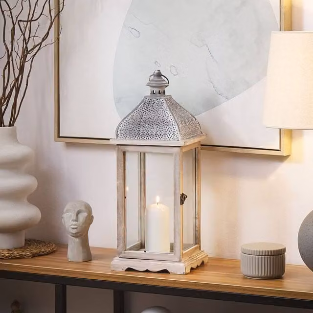 Wyld and Coco White Metal and Glass Pillar Candle Holder Lantern, Height: 47 cm