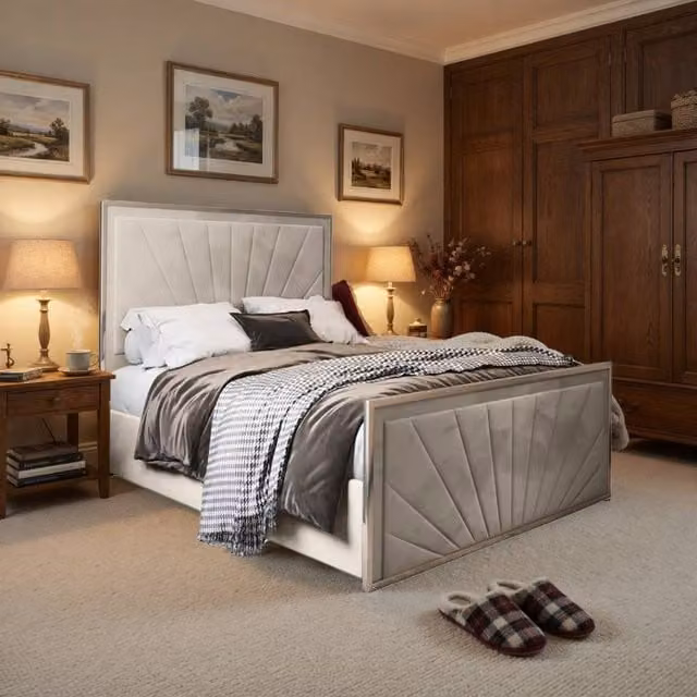 KDMD Waddington Upholstered Velvet Designer Bed Frame in Beige with Metal Details, W/D/H: 120 x 200 cm