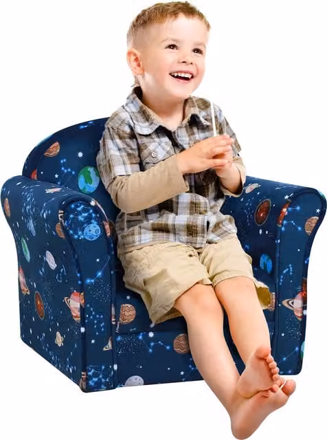 HOMCOM Kids Planet Theme Armchair in Blue with Solid Wood Frame and Armrests