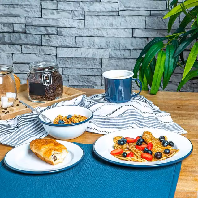 Argon Tableware 16 Piece White and Blue Enamel Dinner Service Set