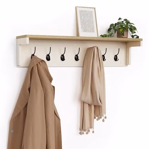 VonHaus Ash Hall Wall Mounted Coat Rack with Shelf in Cream