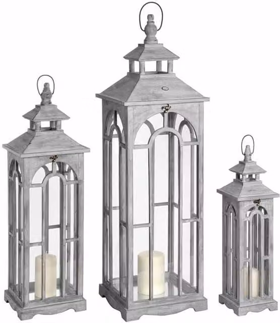 Lemon Pavilion Set of Three Wooden Lanterns with Archway Design in Grey, W: 31 cm, D: 31 cm, H: 104 cm