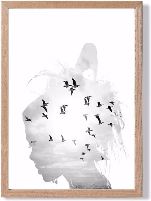 ARTZE Abstract and Seabirds Black and White Photo Framed Print with Oak Frame
