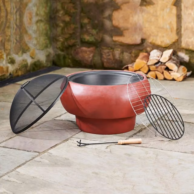 Teamson Red Round Wood-Burning Fire Pit with Concrete Base, Diameter: 53 cm