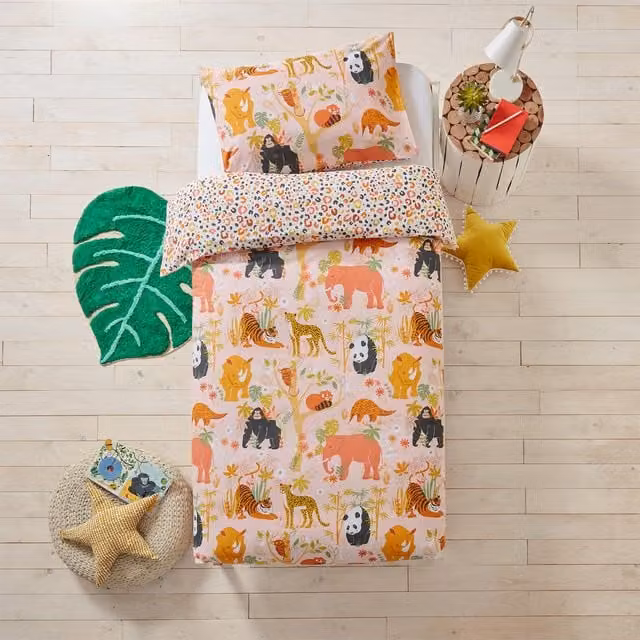 Make it a Home Reversible Floral Kids Animal Duvet Cover Set, Multicolour and Orange, W: 140 cm, L: 200 cm