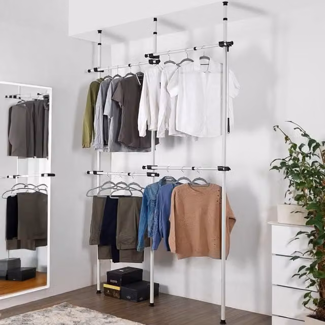House of Home Telescopic Double Rail Clothes Wardrobe Organiser Hanging Rack in White