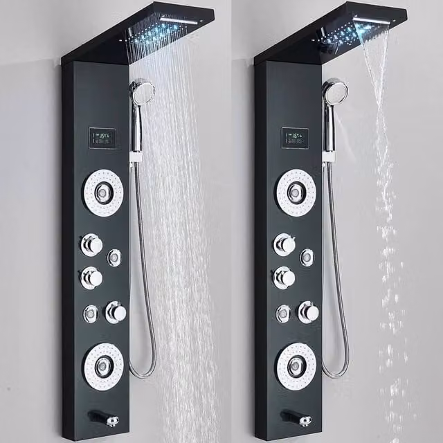 PAWNORA Stainless Steel Shower Panel Column Tower System with Rain, Massage and Hand Shower in Matt Black, H: 114 cm