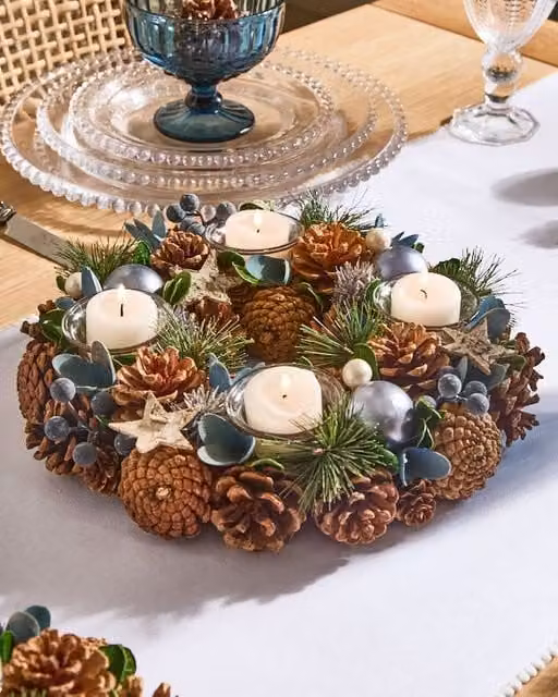 Dibor Moonlight Blue Round Table Centrepiece Christmas Tealight Candle Holder, Diameter: 30 cm