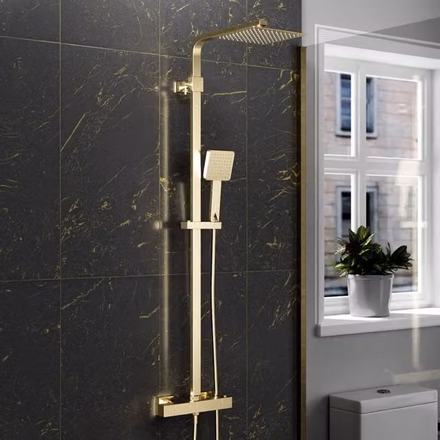 Nes Home Brushed Brass Square Exposed Thermostatic Shower Kit in Metallic Gold with Rain Overhead Shower and Hand Shower
