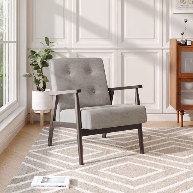 Komore Mid-Century Grey Velvet Button Cushion Armchair with Solid Rubberwood Frame