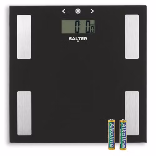 Salter 9150 BK3R Glass Analyser Bathroom Scale in Black with Digital Display for Measuring Body Weight, Fat, Water, BMI and BMR
