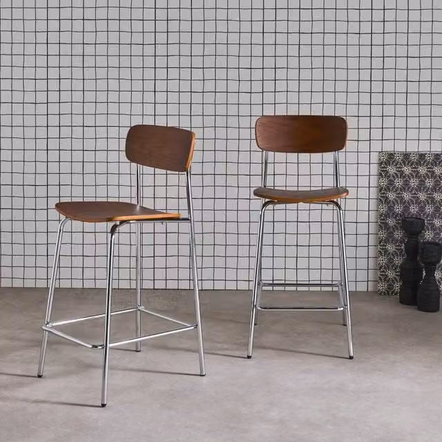 sweeek Set of 2 Vintage Metal and Plywood Bar Stools in Silver and Walnut