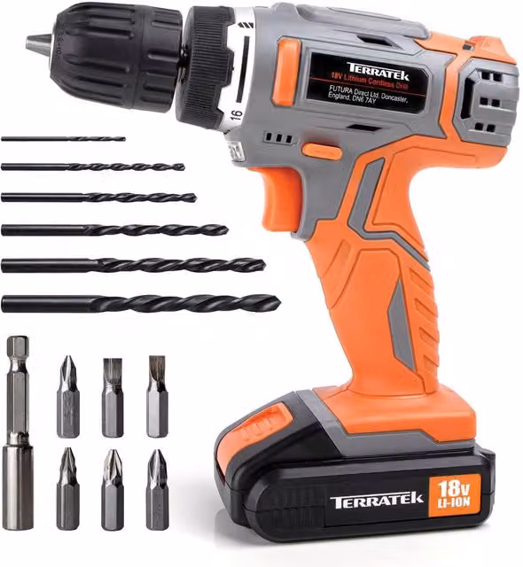 Terratek 18V Cordless Power Drill and Screwdriver Set with Battery and Drill Bits in Grey and Orange