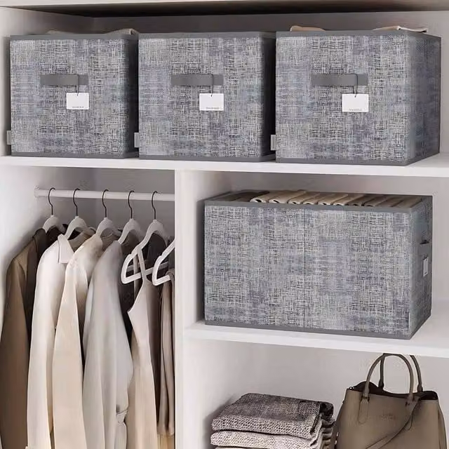 The Bazaarist Set of 3 Large Foldable Fabric Storage Baskets with Handles and Label Holders, Grey
