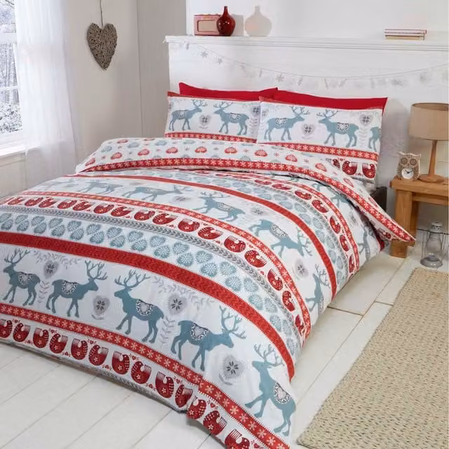 Rapport Home Scandi Christmas Graphic Cotton Duvet Set and Pillowcase, Red, W: 200 cm x L: 200 cm