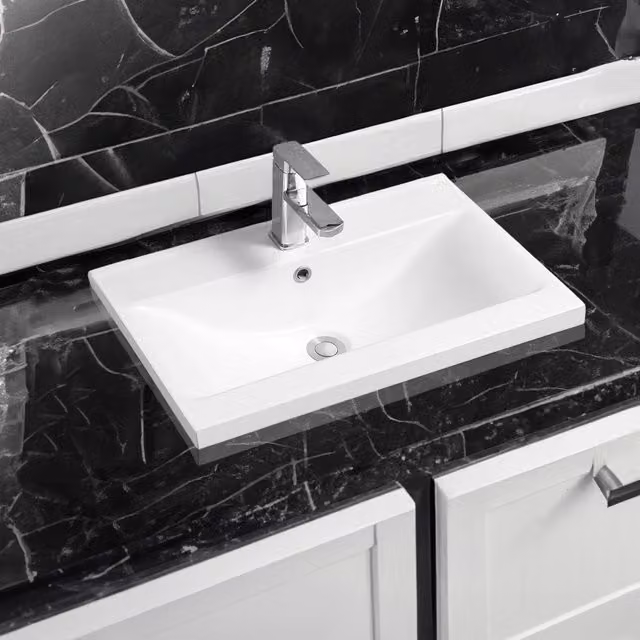 Limoge 5004 Ceramic Mid-Edge Inset Rectangular Countertop Basin with Dipped Bowl in White W/D/H: 60 x 40 x 18 cm