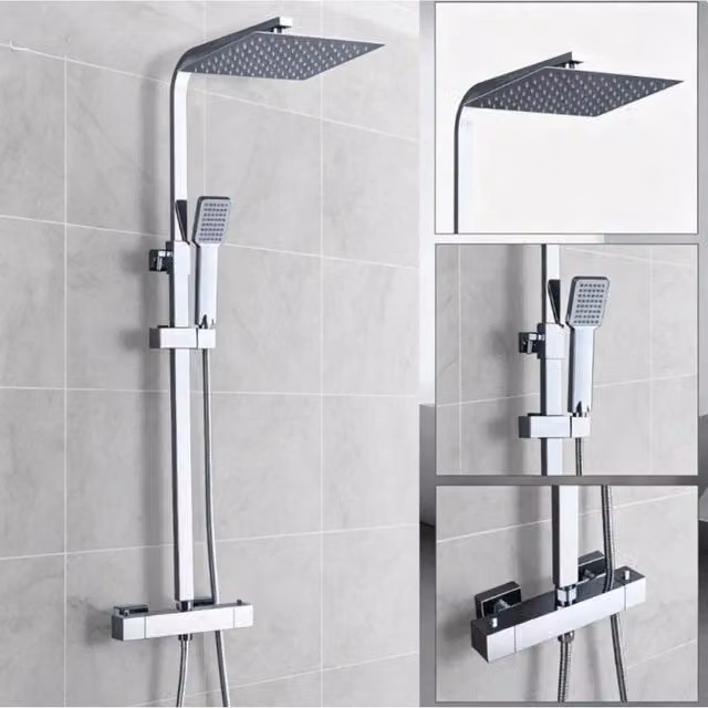 PAWNORA Twin Square Overhead Shower Head and Bar Set in Silver