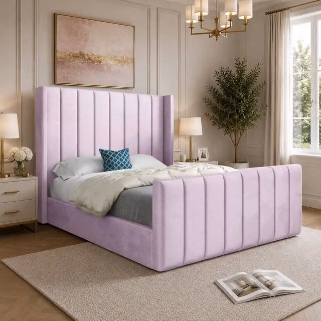 Casani Sherington Straight Winged Designer Bed Frame in Pink Soft Velvet, W/D/H: 180 x 159 x 137 cm