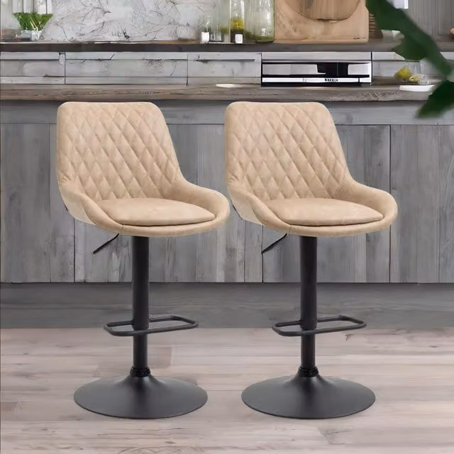 Rafaelo Mobilia Set of 2 Retro Adjustable Height Bar Stools in Beige Faux Leather