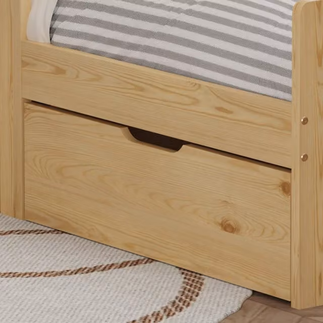 WestWood Solid Wood Montessori Toddler Bed Frame with Underbed Storage Drawer and Safety Rail in Natural Wood, 90 x 190 cm