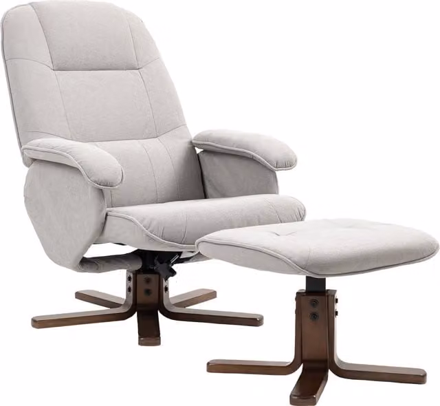 HOMCOM Linen Swivel Recliner Chair with Ottoman, Upholstered Grey Armchair with Wooden Base
