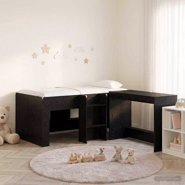 Berkfield Home Kids High Bed Frame with Desk and Stairs, Black Oak Engineered Wood