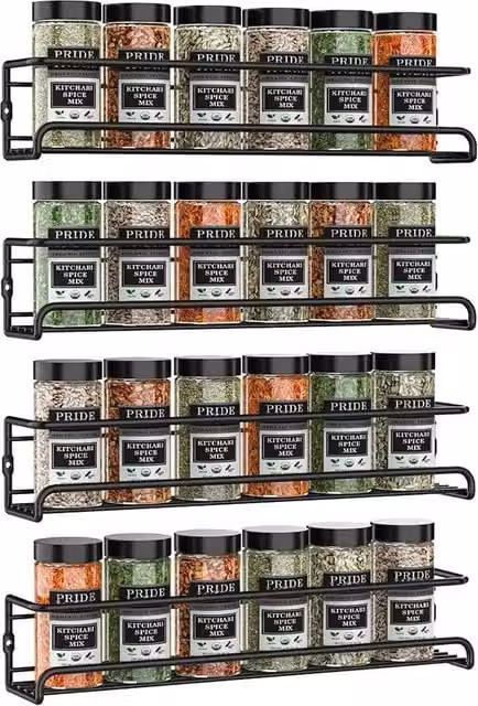 KORVIXA 4-Piece Black Metal Wall-Mounted Spice and Herb Jar Rack Holder
