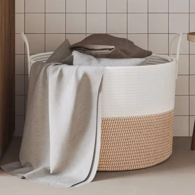 Berkfield Open Weave Cotton Storage Basket in Brown and White, W: 51 cm, D: 33 cm, H: 33 cm