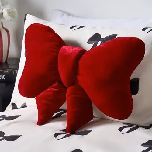 OHS Red Velvet Bow Shaped Scatter Cushion, W: 45 cm, H: 33 cm