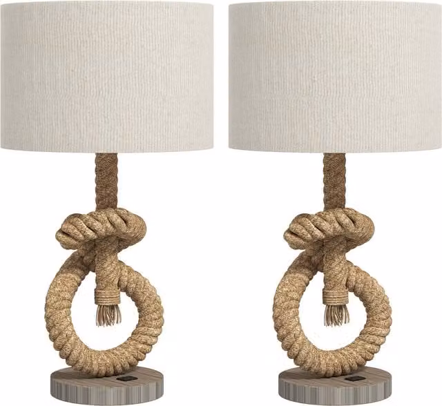 HOMCOM Set of 2 Nautical Table Lamps with USB Charging Port and Warm White LED Bulbs in Natural Beige and Brown
