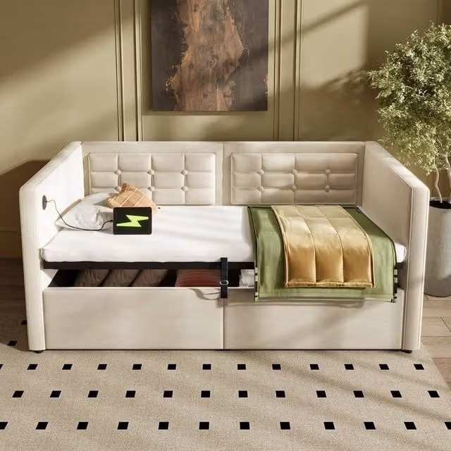 Rolipo Single Velvet Daybed with Hydraulic Storage and USB Charging Port, Beige, W/D/H: 90 x 190 cm