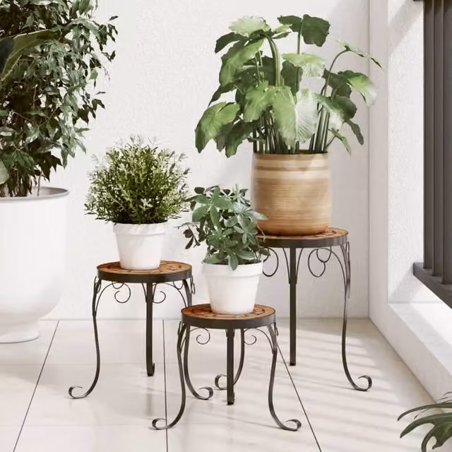 Berkfield Home Set of 3 Mediterranean Geometric Plant Stands in Matt Orange Ceramic and Metal