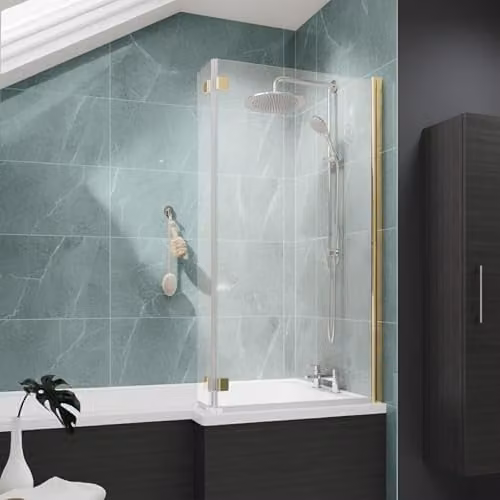 Nes Home Reversible L-Shape Bath Screen in Clear 6mm Tempered Glass with Brushed Gold Finish
