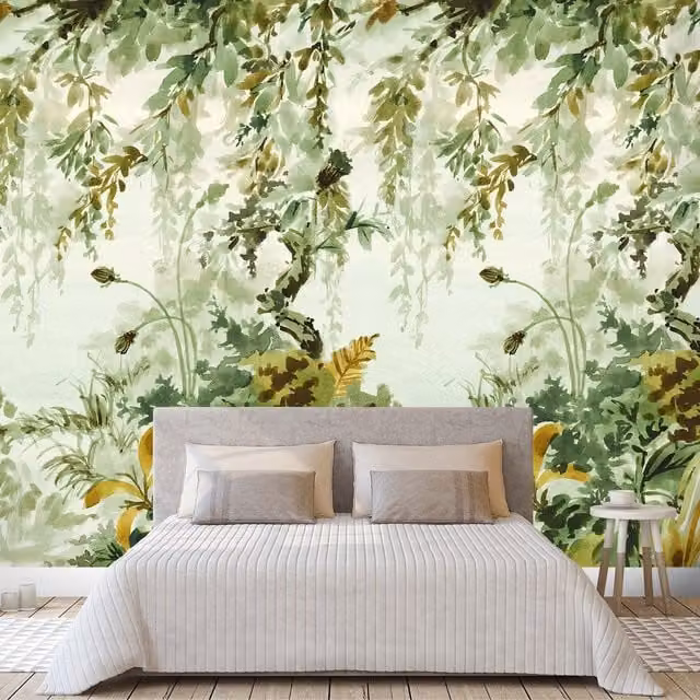 Grandeco Naive Watercolour Jungle Floral Mural in Green, W: 159 cm, H: 280 cm