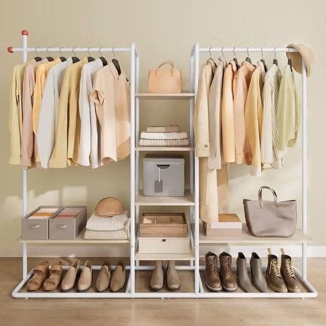 The Bazaarist Double Rail Garment Rack with Storage Shelves and Shoe Rack in Natural Beige and Matte White
