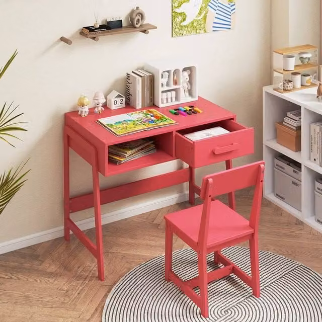 EONLION Pink Childrens Study Desk and Chair Set with Pine Wood Design