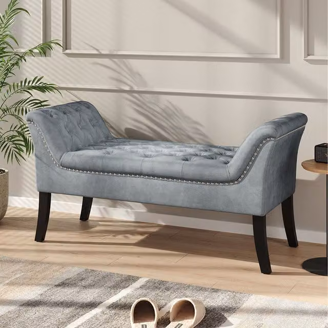 Livingandhome Grey Velvet Fabric Buttoned Armrest Bed Bench with Wooden Legs