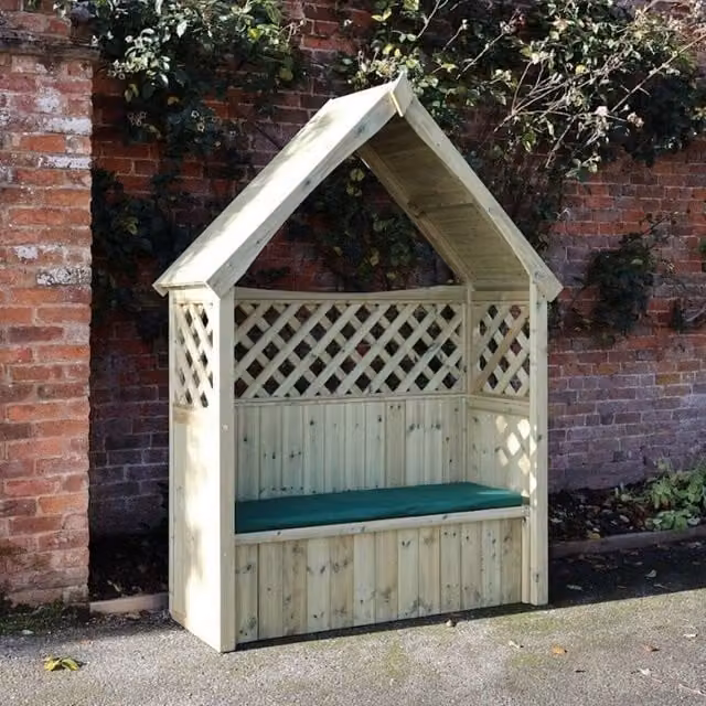 Churnet Valley Garden Furniture Ltd Daisy 3 Seat Trellis Storage Arbour with Beige Cushions, W/D/H: 179 x 179 x 60 cm
