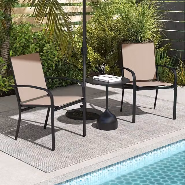 Set of 2 COSTWAY Stackable Outdoor Sling Chairs in Brown with Textilene Fabric and Powder Coated Steel Frame