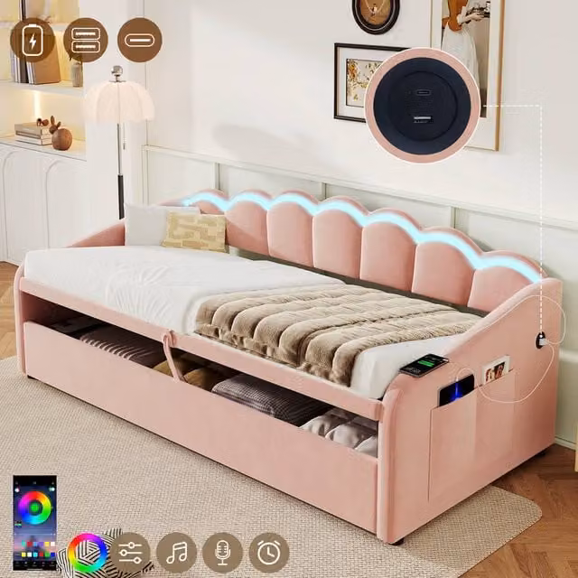 BTM Petal Daybed in Pink Velvet with RGB LED Under-Bed Lighting, USB Charging Port and Hydraulic Storage, W/D/H: 190 x 90 x 78 cm